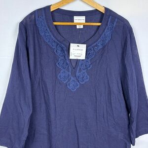 Liz Claiborne Women's Cotton Embroidered Knit Tunic Top Sz XL Sheer Breathable
